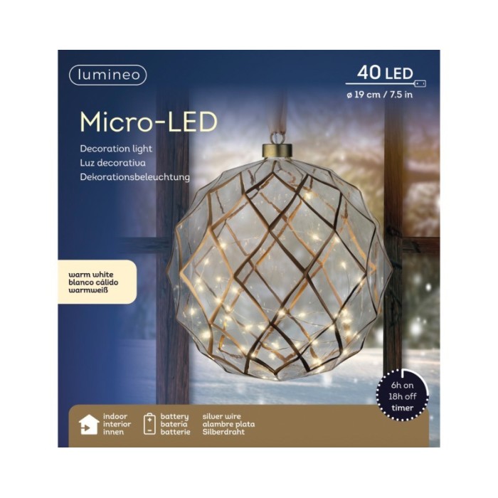 ORNAMENTO VETRO 40 LED ORO D.19